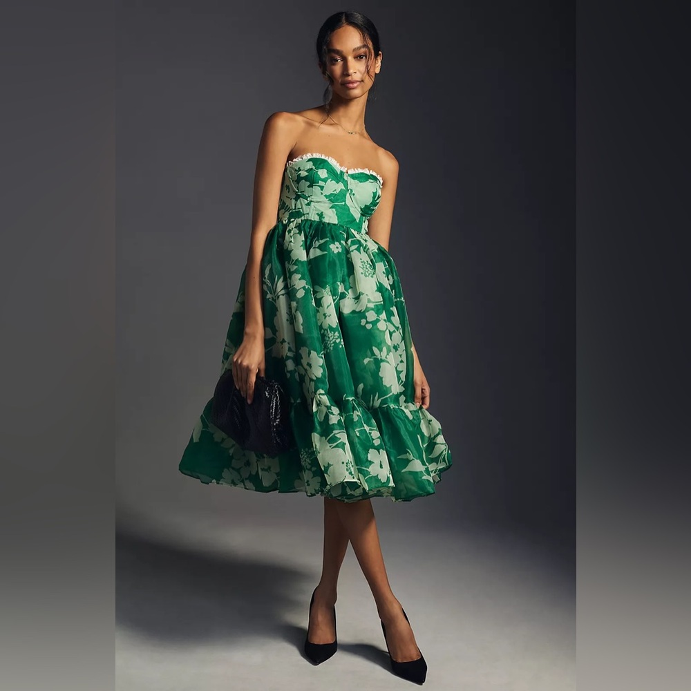 NWT Selkie Corset Puff Dress in Green Floral